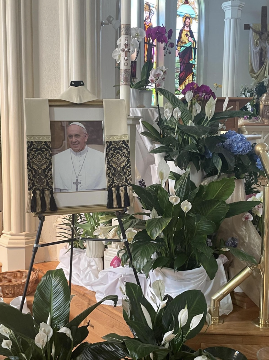 The Pope Francis Memorial displayed in St Columba Church.